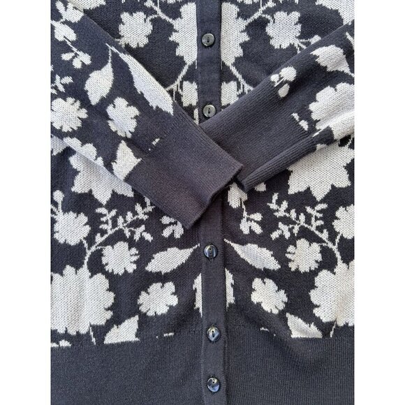Loft Outlet Cardigan Crew Neck Sweater Womens Size Small Navy Knit Floral Cotton - Picture 3 of 7